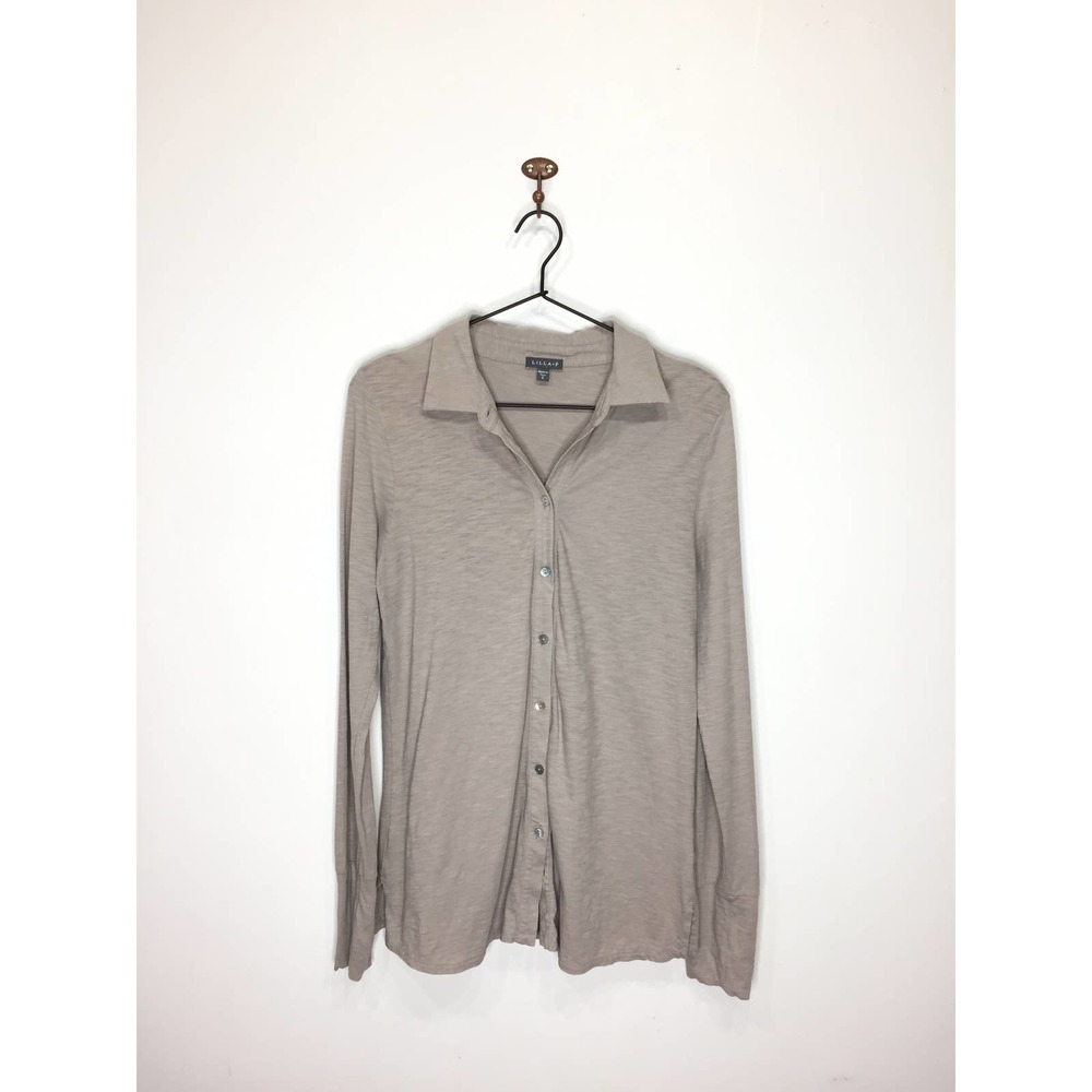 Lilla P Mushroom Tan Pima Cotton Button Down Collar Shirt Long Sleeve Women's S